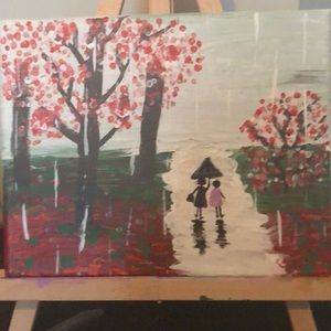 A painting of people walking by trees on a rainy day. Sides not painted.
